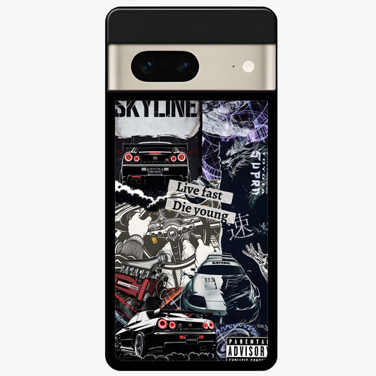 Die Young Glass Case showing flat back view with bold artistic typography design and glossy glass finish.