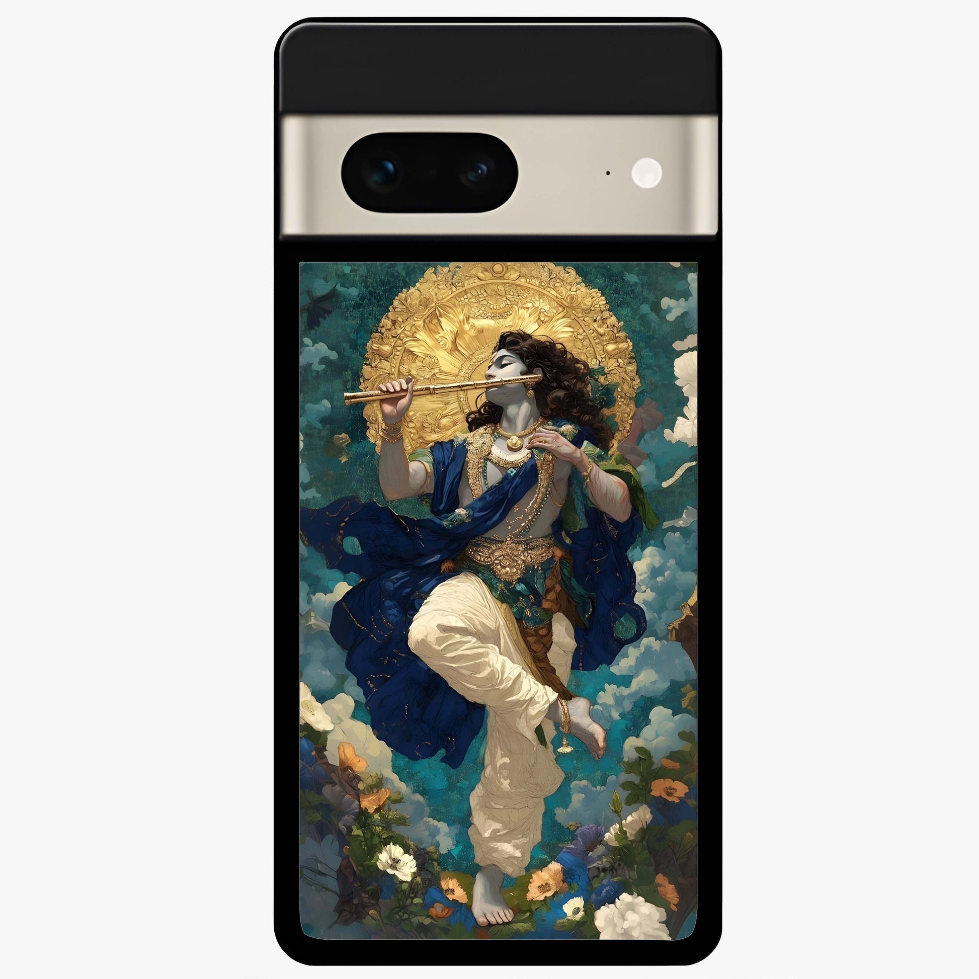 Divine Krishna Art Glass Case showing flat back view with Lord Krishna artwork and glossy glass finish.