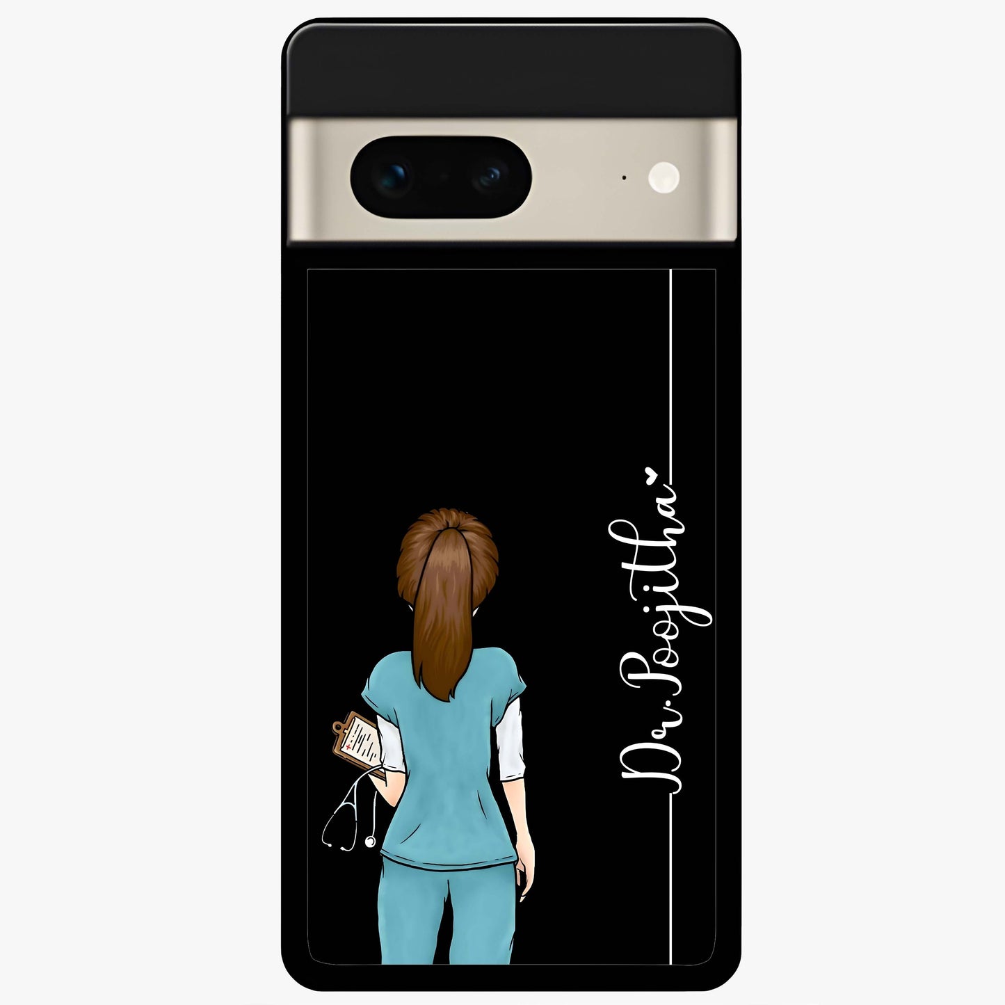 Doctor Pattern Custom Name Glass Case showing flat back view with medical themed pattern and personalized name design.