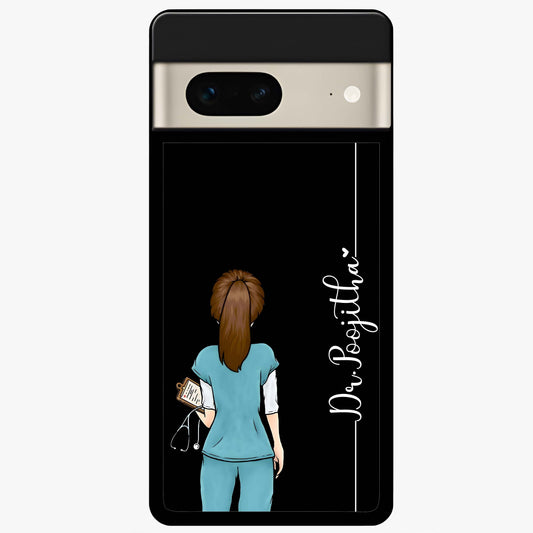 Doctor Pattern Custom Name Glass Case showing flat back view with medical themed pattern and personalized name design.