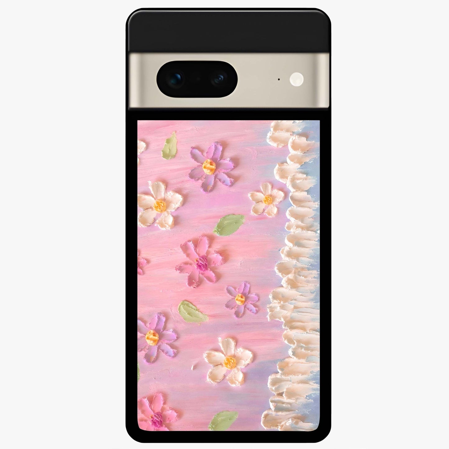 Dreamy Painted Garden Glass Case showing flat back view with artistic painted floral garden artwork and glossy glass finish.
