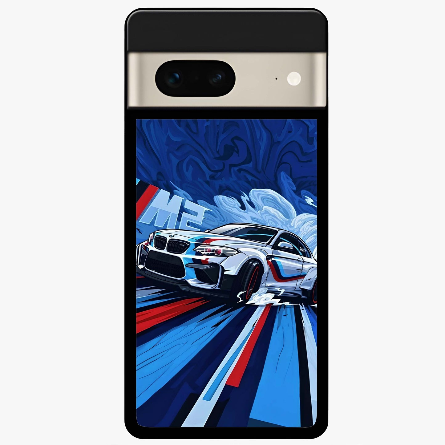 Drift Power Rush Glass Case showing flat back view with dynamic racing inspired artwork and glossy glass finish.