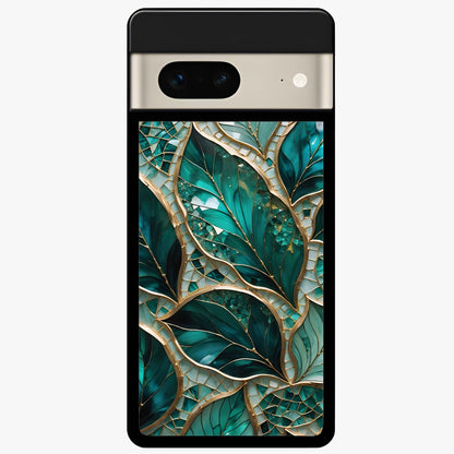 Emerald Leaf Glass Glass Case showing flat back view with emerald green leaf artwork and glossy glass finish.