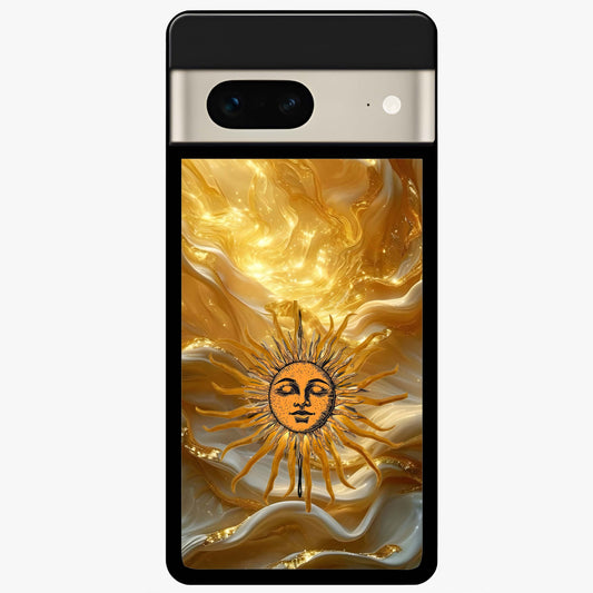 Eternal Golden Glow Glass Case showing flat back view with radiant golden themed artwork and glossy glass finish.