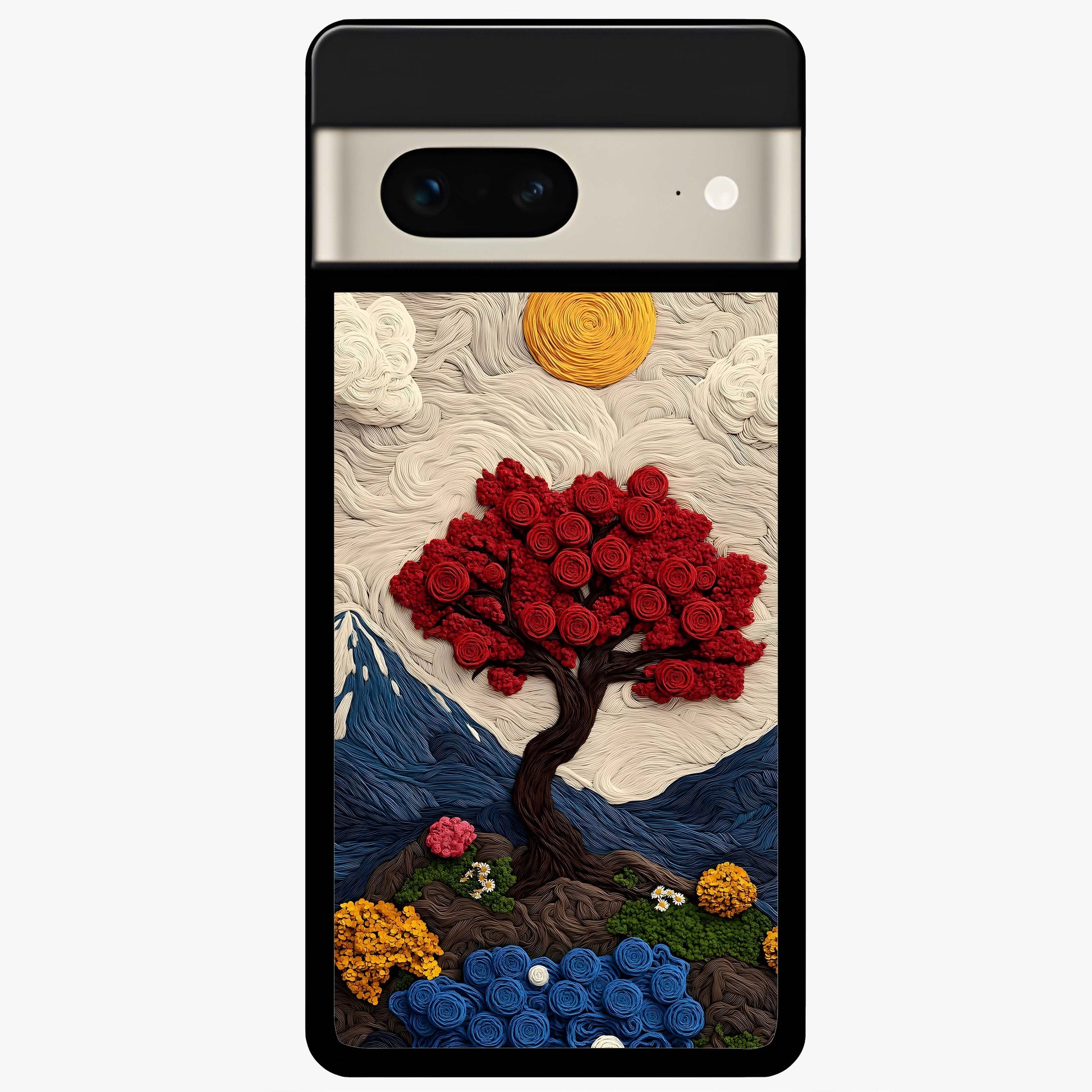 Eternal Nature Tapestry Glass Case showing flat back view with intricate nature tapestry artwork and glossy glass finish.