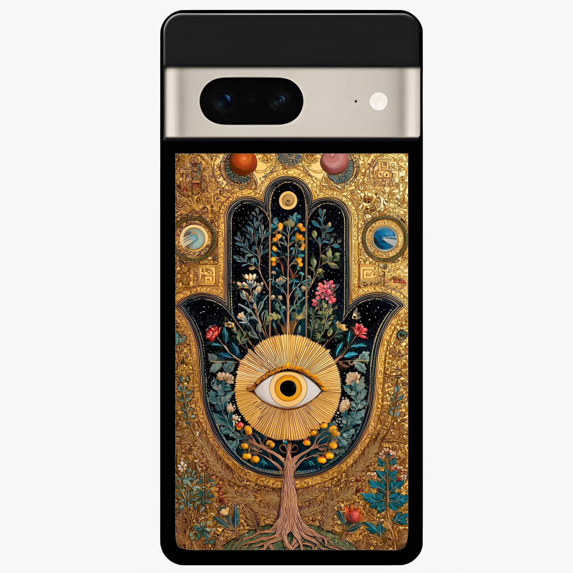 Ethereal Evil Eye Glass Case showing flat back view with mystical evil eye artwork and glossy glass finish.