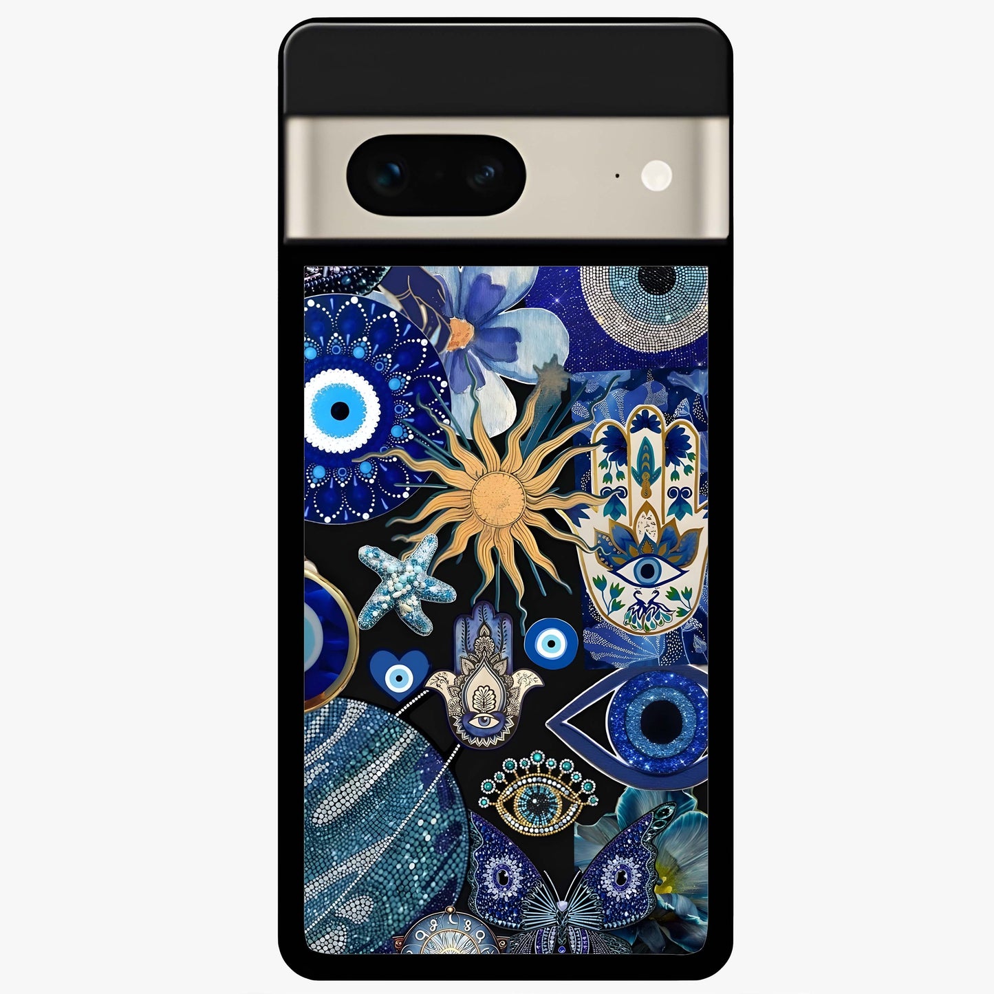 Evil Eye Charm Mix Glass Case showing flat back view with multiple evil eye charms artwork and glossy glass finish.