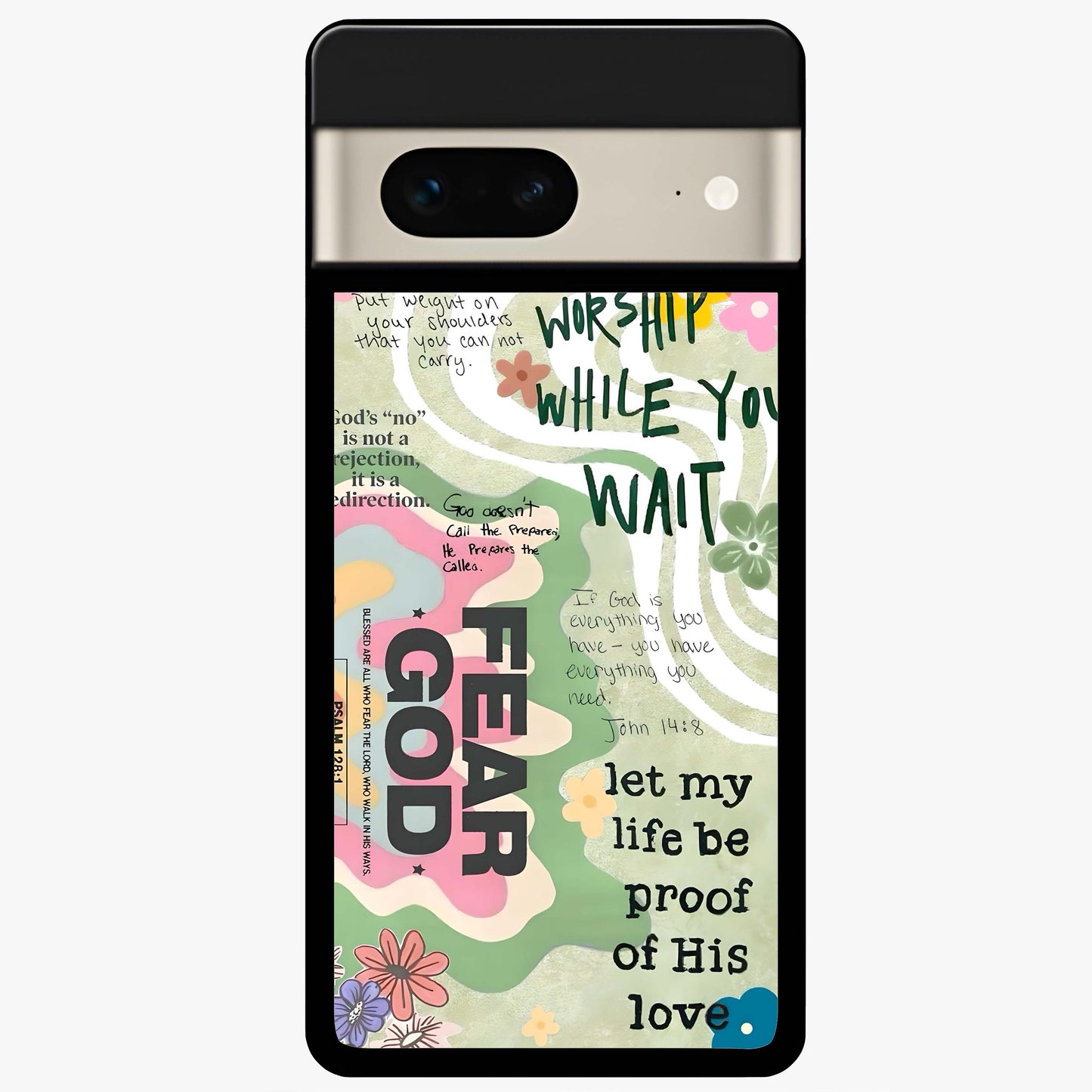 Faith Over Fear Glass Case showing flat back view with motivational typography artwork and glossy glass finish.