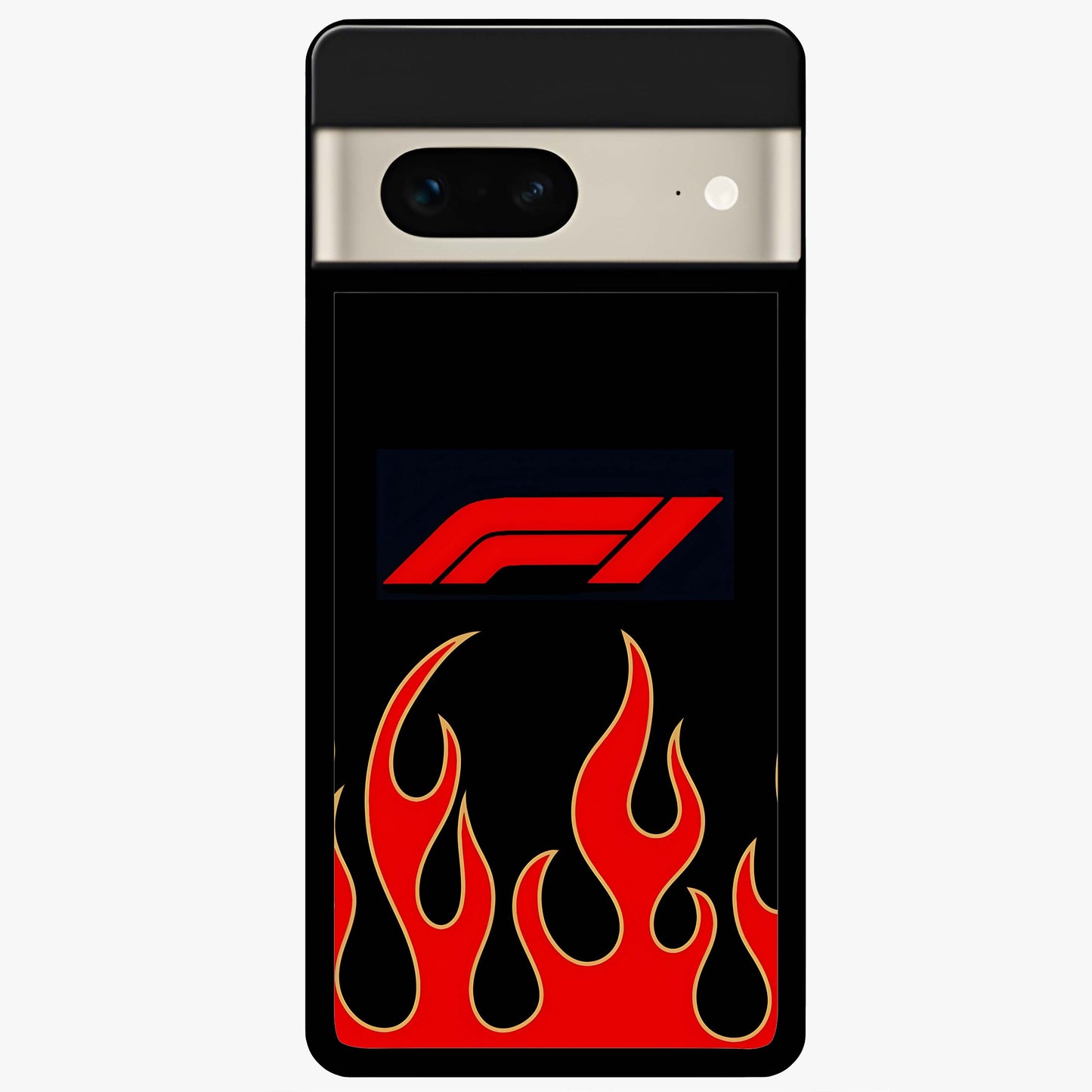 Fire F11 Glass Case showing flat back view with fiery themed artwork and glossy glass finish.
