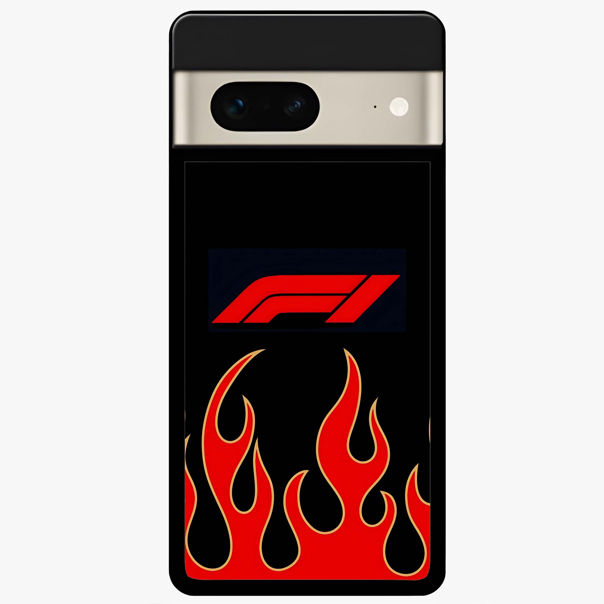 Fire F11 Glass Case showing flat back view with fiery themed artwork and glossy glass finish.