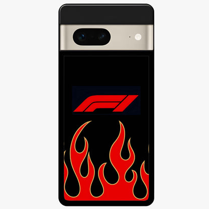 Fire F11 Glass Case showing flat back view with fiery themed artwork and glossy glass finish.