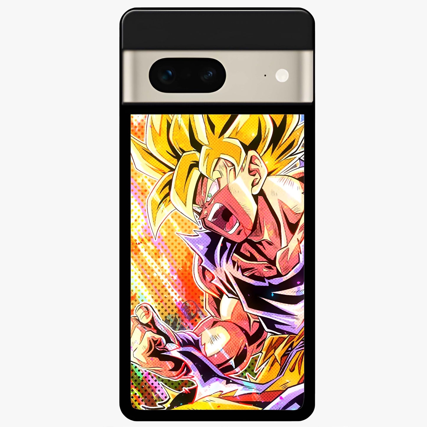 Firing Goku Glass Case showing flat back view with powerful anime inspired artwork and glossy glass finish.
