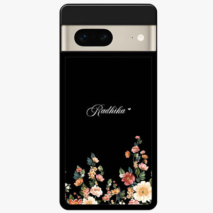 Floral Design With a Custom Personalized Name Glass Case showing flat back view with floral artwork and personalized name design.