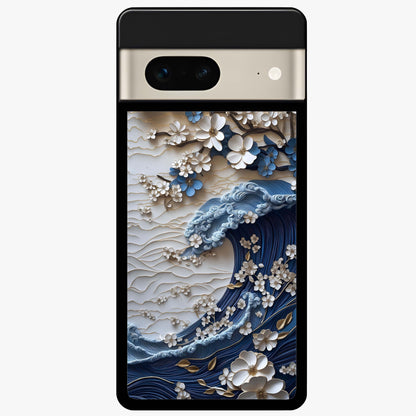 Floral Wave Origami Glass Case showing flat back view with origami inspired floral wave artwork and glossy glass finish.