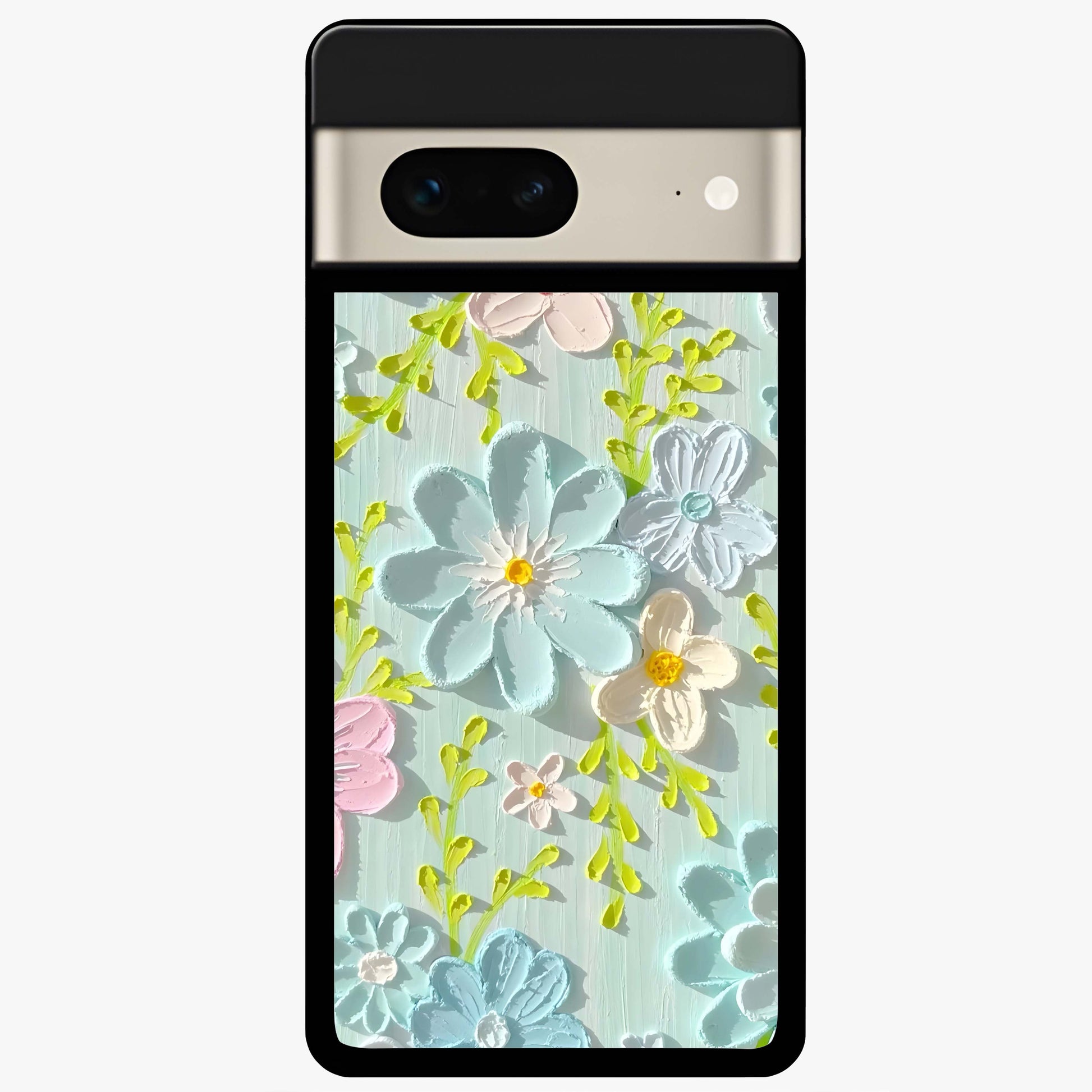 Frosted Petal Garden Glass Case showing flat back view with soft frosted floral artwork and glossy glass finish.