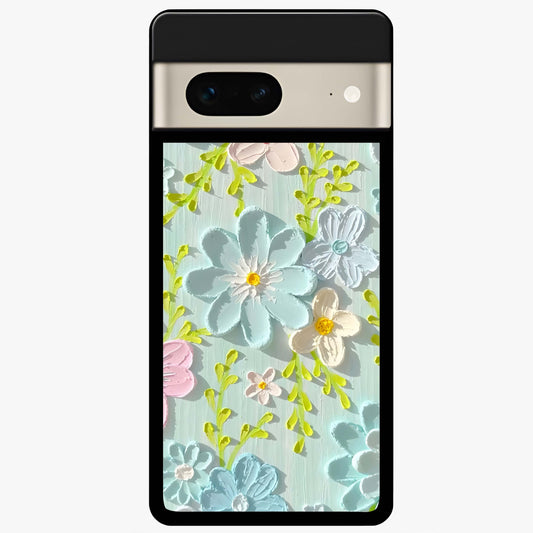 Frosted Petal Garden Glass Case showing flat back view with soft frosted floral artwork and glossy glass finish.