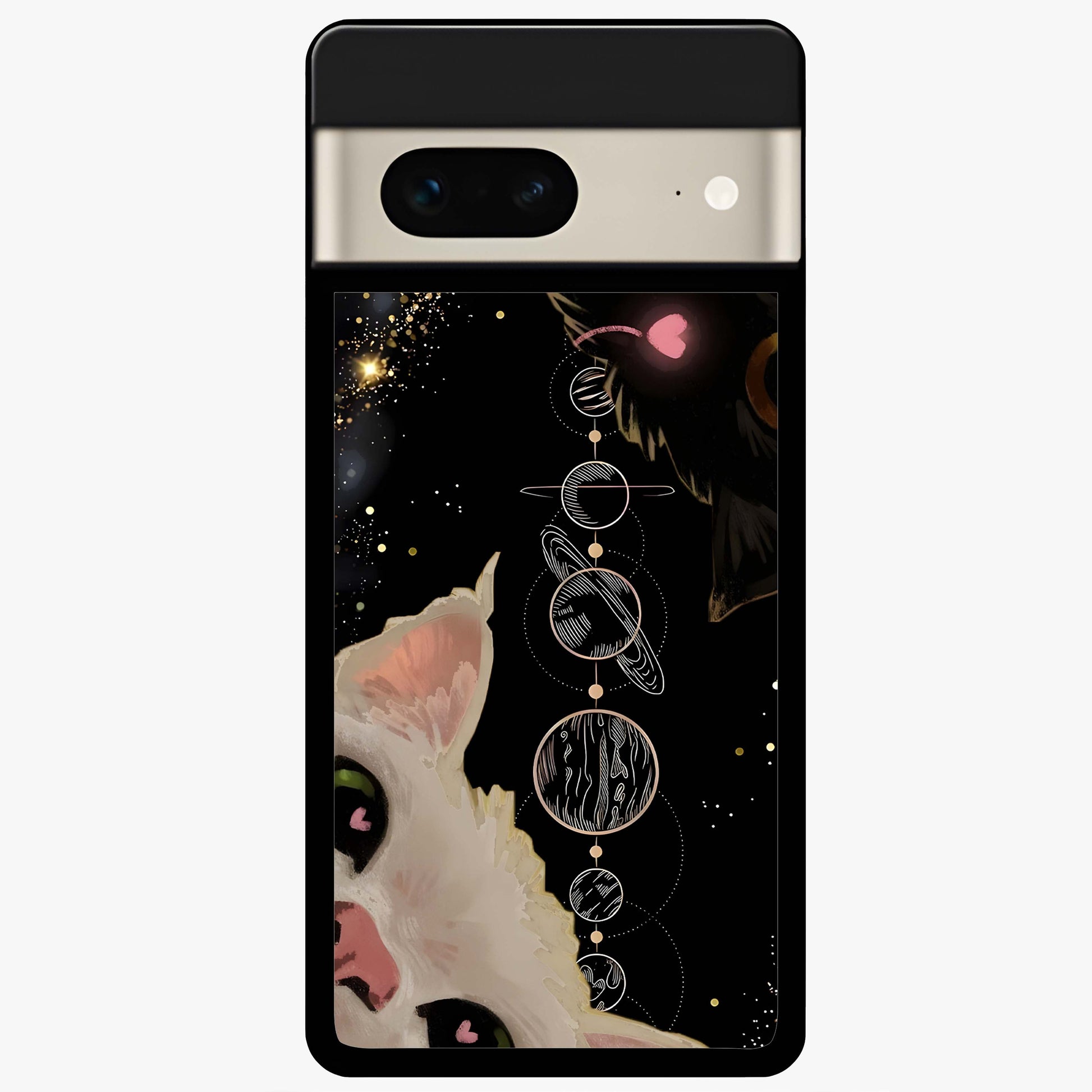 Galactic Cat Glass Case showing flat back view with cosmic cat artwork and glossy glass finish.