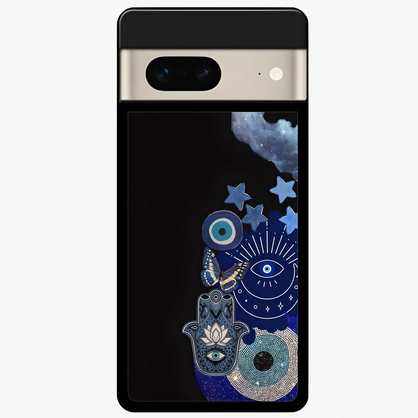 Galactic Charm Cluster Glass Case showing flat back view with glowing celestial charm artwork and glossy glass finish.