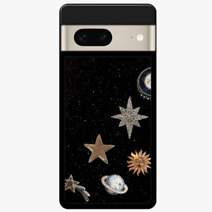 Galactic Charm Glow Glass Case showing flat back view with glowing celestial charm artwork and glossy glass finish.
