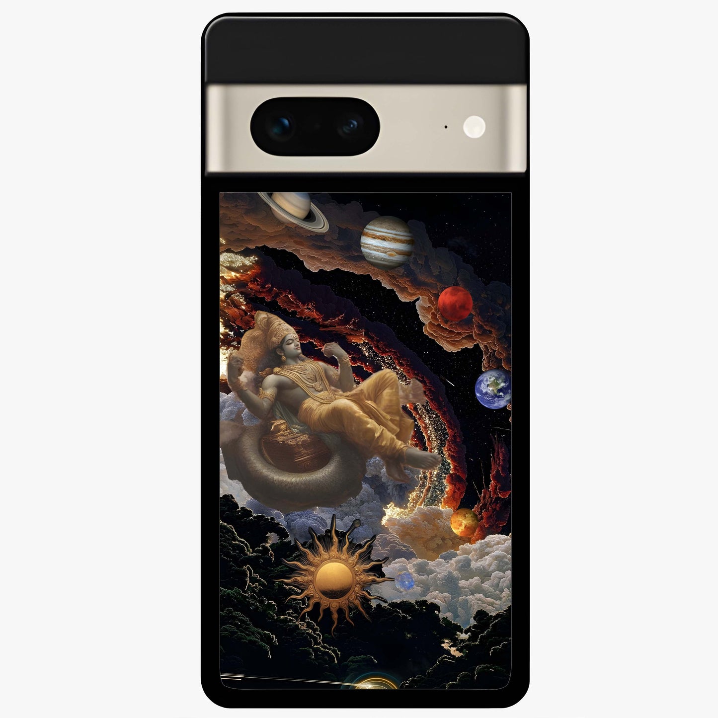 Galactic Divine God Glass Case showing flat back view with divine cosmic themed artwork and glossy glass finish.