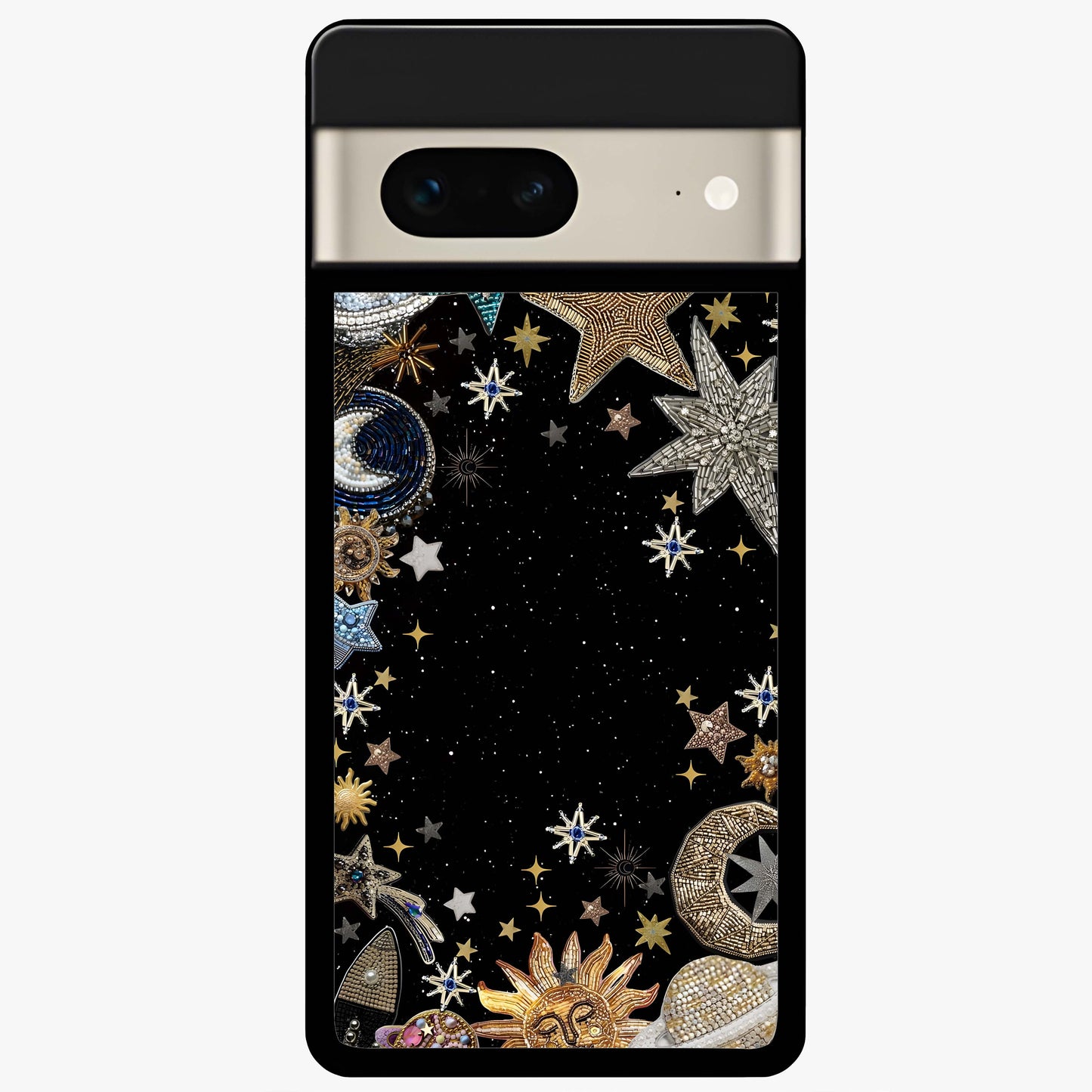 Galactic Jewel Stars Glass Case showing flat back view with sparkling star jewel artwork and glossy glass finish.