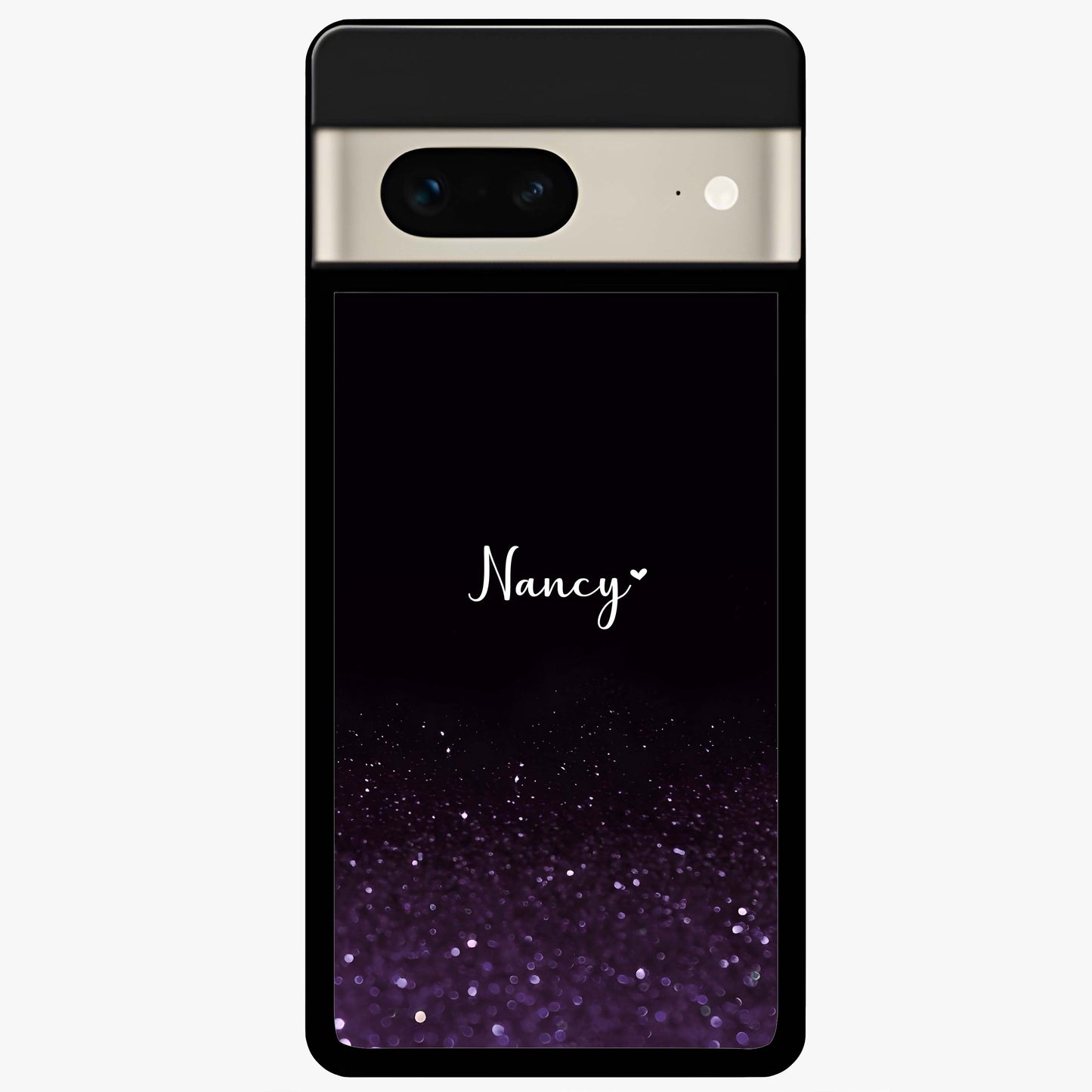 Glittery Purple Bokeh Custom Name Glass Case showing flat back view with purple bokeh sparkle artwork and personalized name design.