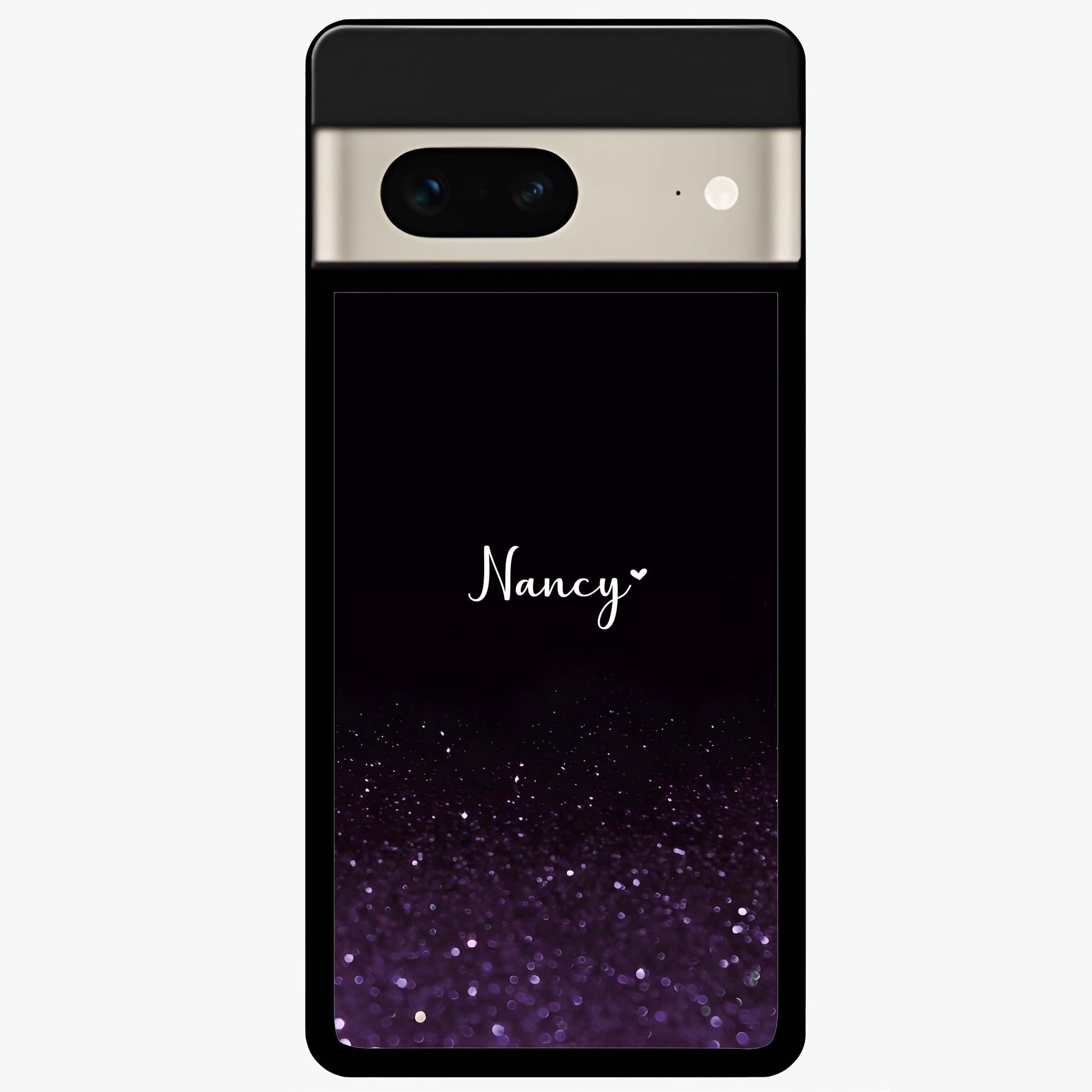 Glittery Purple Bokeh Custom Name Glass Case showing flat back view with purple bokeh sparkle artwork and personalized name design.