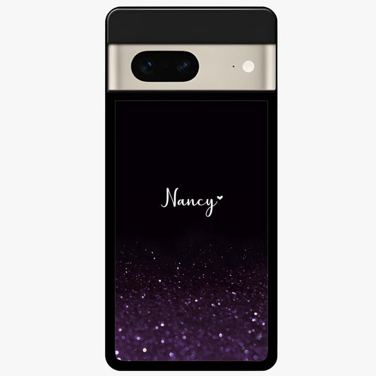 Glittery Purple Bokeh Custom Name Glass Case showing flat back view with purple bokeh sparkle artwork and personalized name design.