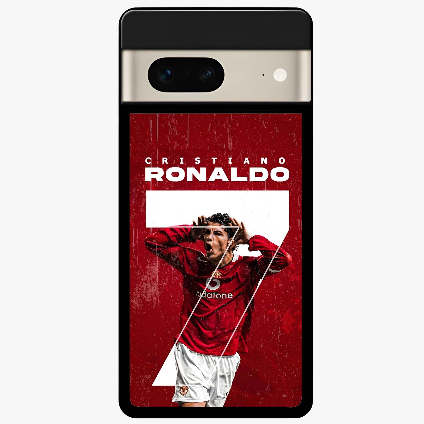Goal Celebration Legacy Glass Case showing flat back view with football celebration inspired artwork and glossy glass finish.