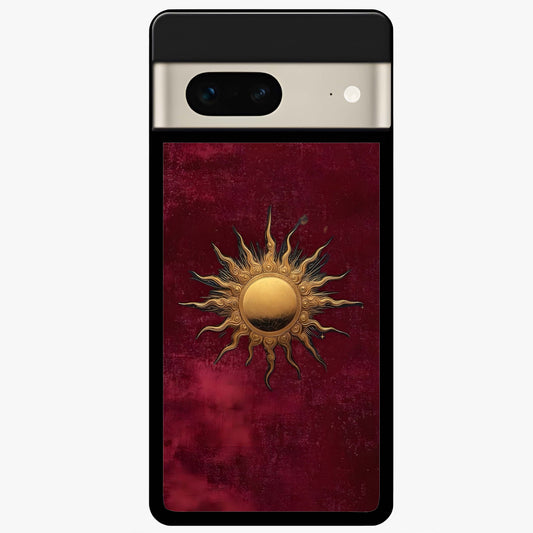 Gold Sun Blush Glass Case showing flat back view with golden sun inspired artwork and glossy glass finish.