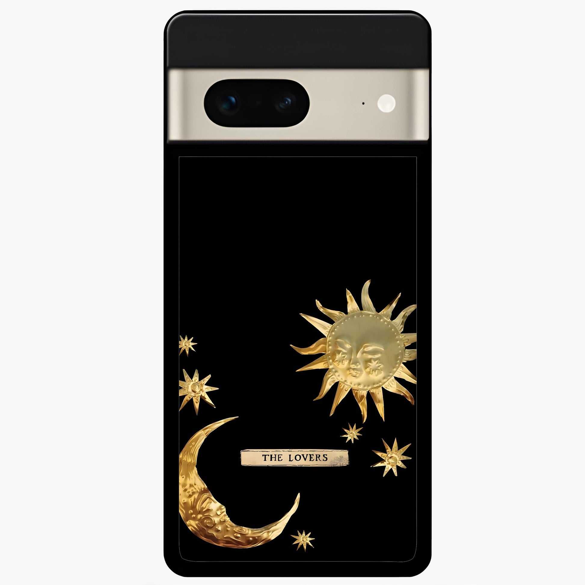 Golden Celestial Charm Glass Case showing flat back view with golden celestial charm artwork and glossy glass finish.