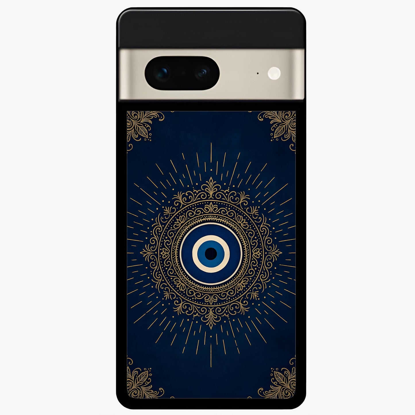 Golden Evil Eye Mandala Glass Case showing flat back view with intricate evil eye mandala artwork and glossy glass finish.