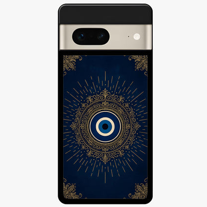 Golden Evil Eye Mandala Glass Case showing flat back view with intricate evil eye mandala artwork and glossy glass finish.