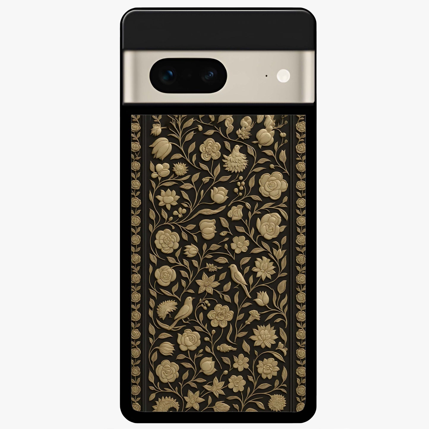 Golden Floral Majesty Glass Case showing flat back view with luxurious golden floral artwork and glossy glass finish.