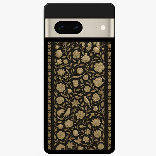 Golden Floral Majesty Glass Case showing flat back view with luxurious golden floral artwork and glossy glass finish.