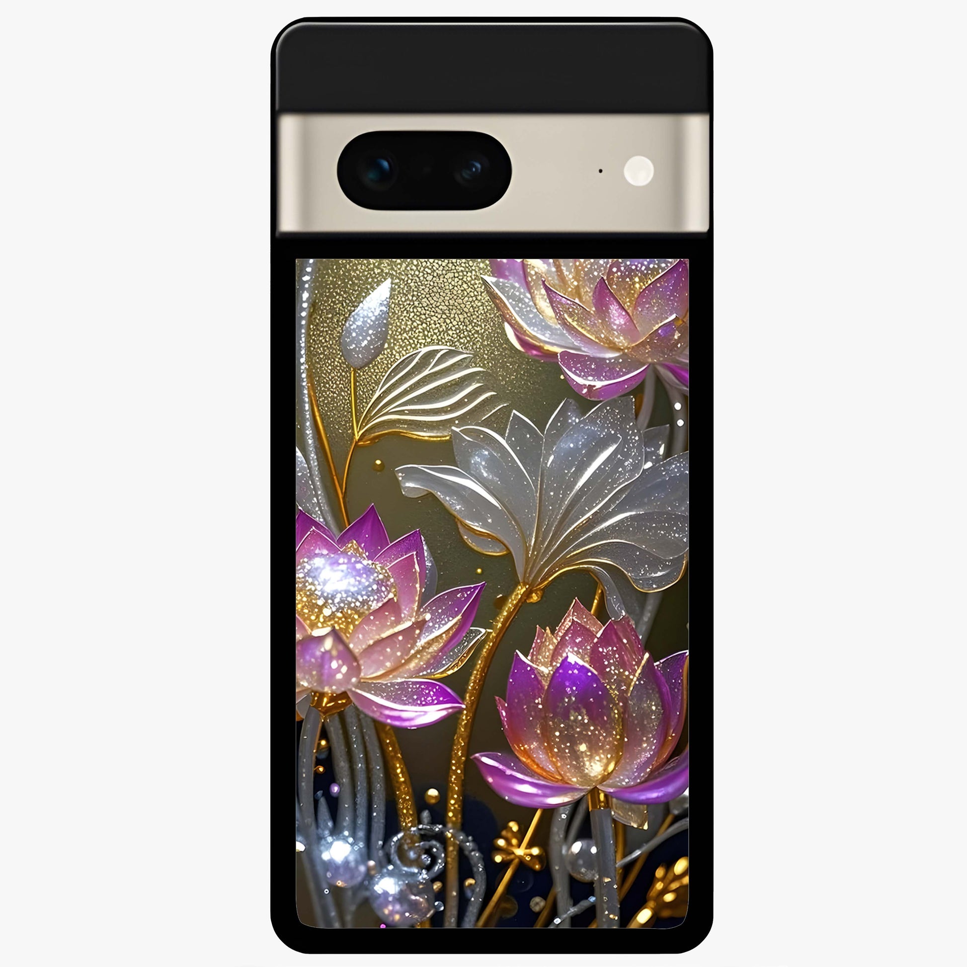 Golden Lotus Glow Glass Case showing flat back view with glowing lotus flower artwork and glossy glass finish.