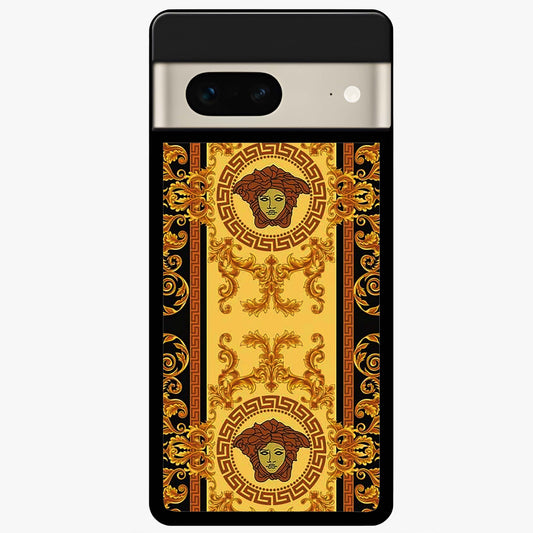 Golden Royal Heritage Glass Case showing flat back view with ornate royal pattern artwork and glossy glass finish.