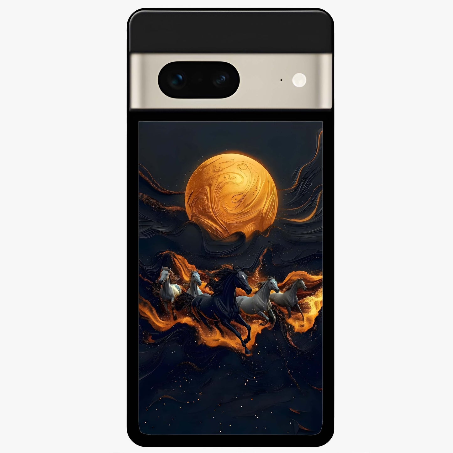 Golden Stallion Moonride Glass Case showing flat back view with majestic horse under moonlight artwork and glossy glass finish.