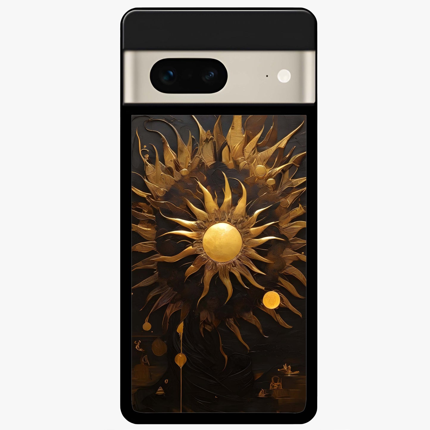 Golden Sun Majesty Glass Case showing flat back view with radiant golden sun artwork and glossy glass finish.