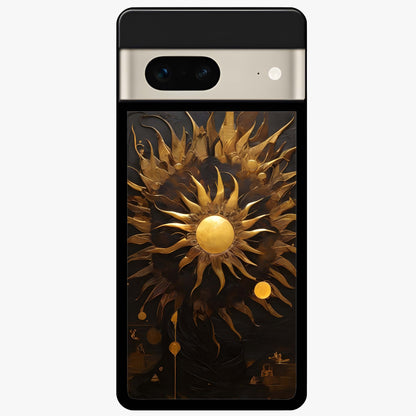 Golden Sun Majesty Glass Case showing flat back view with radiant golden sun artwork and glossy glass finish.