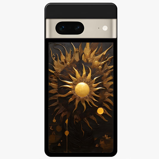 Golden Sun Majesty Glass Case showing flat back view with radiant golden sun artwork and glossy glass finish.