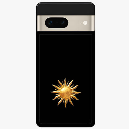 Golden Sun Minimalism Glass Case showing flat back view with minimal golden sun artwork and glossy glass finish.