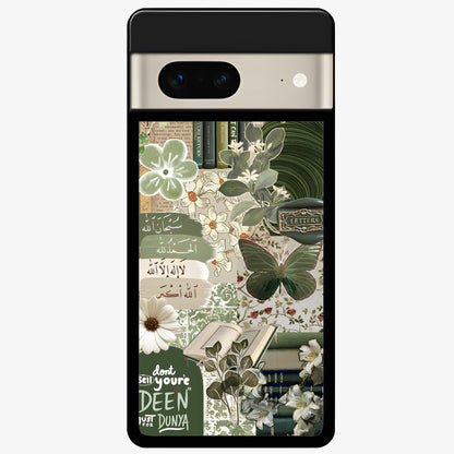 Green Islamic Books Quotes Glass Case showing flat back view with Islamic quotes and book themed artwork and glossy glass finish.