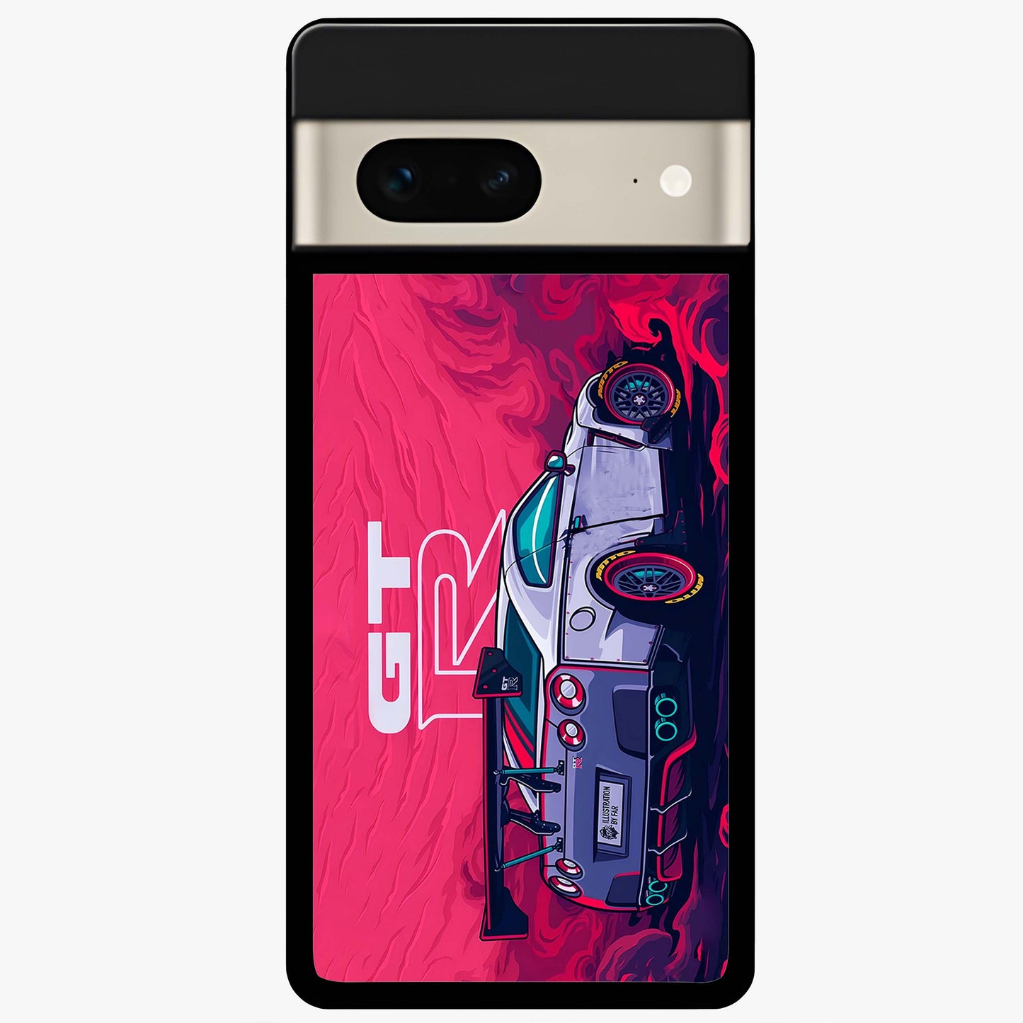 GT-R Car Pattern Glass Case showing flat back view with sporty car inspired pattern artwork and glossy glass finish.