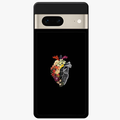 Heart With Flowers Glass Case showing flat back view with heart shaped floral artwork and glossy glass finish.