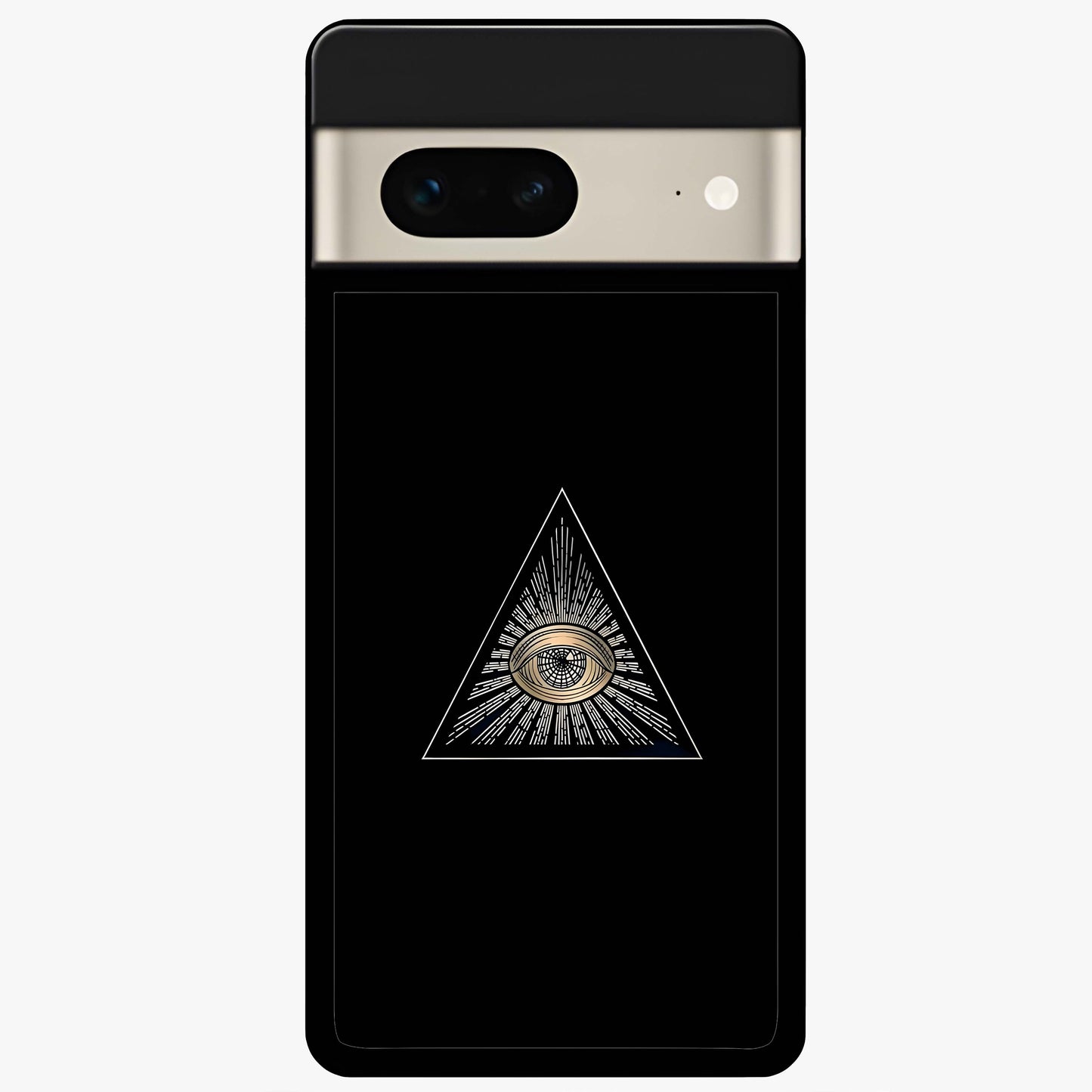 Illuminati Evil Glass Case showing flat back view with mysterious illuminati symbol artwork and glossy glass finish.