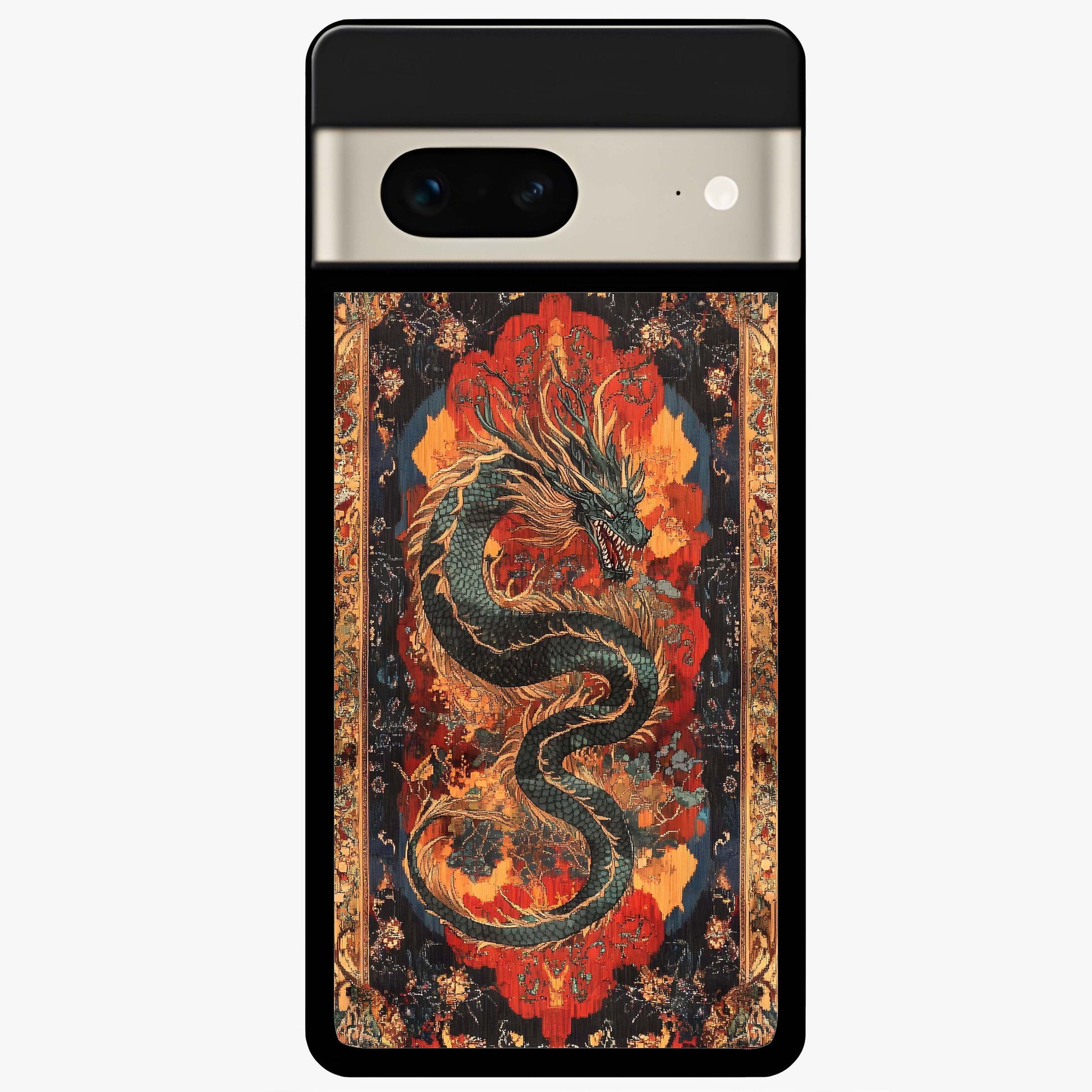 Inferno Dragon Soul Glass Case showing flat back view with fiery dragon artwork and glossy glass finish.