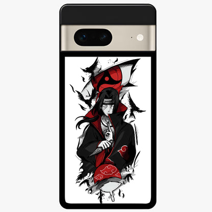 Itachi Sharingan Glass Case showing flat back view with powerful anime eye artwork and glossy glass finish.