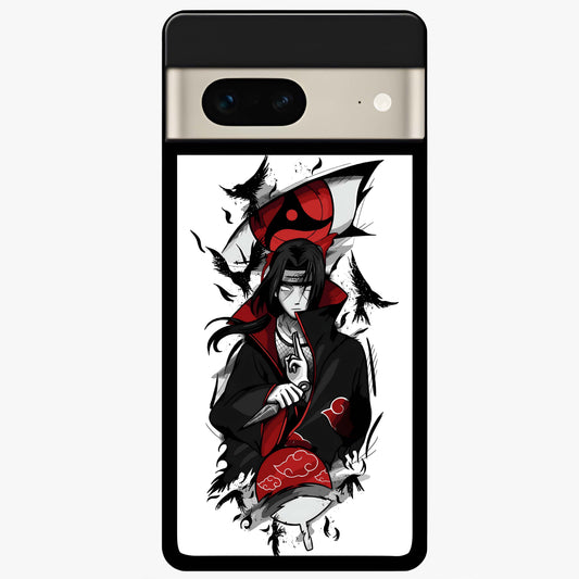 Itachi Sharingan Glass Case showing flat back view with powerful anime eye artwork and glossy glass finish.