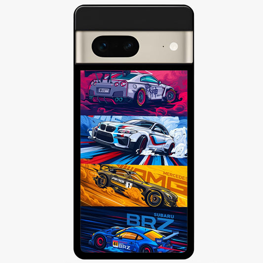 JDM Sports Car Glass Case showing flat back view with high performance sports car artwork and glossy glass finish.